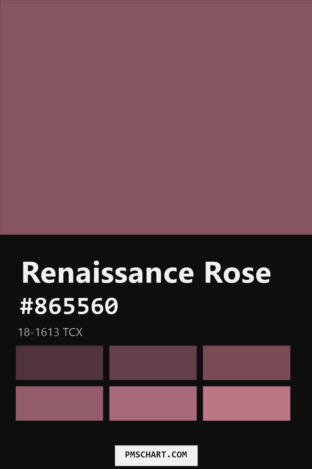 Pantone Renaissance Rose 18-1613 TCX color reference card (HEX #865560) with six nearest Pantone matches