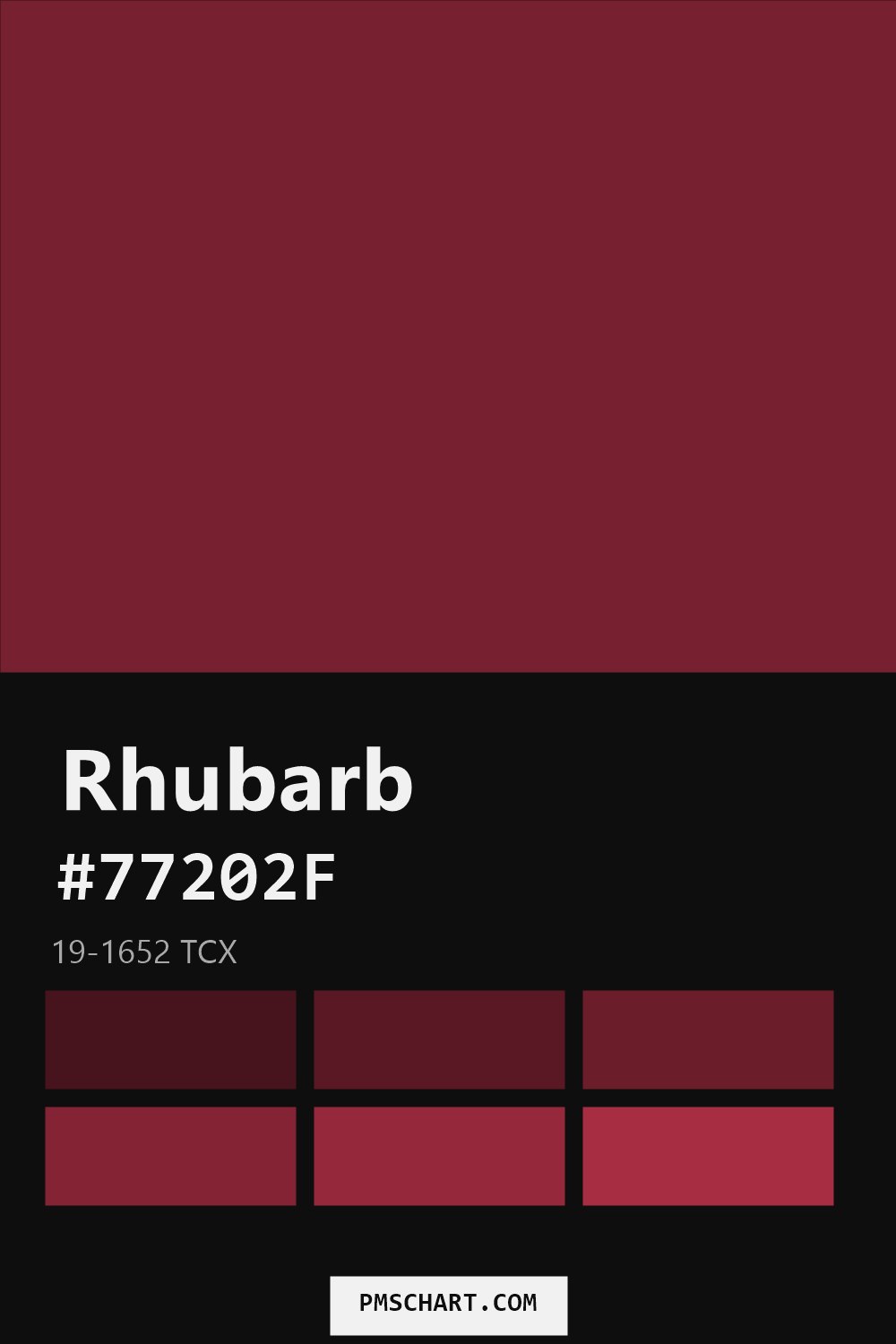 Pantone Rhubarb 19-1652 TCX color reference card (HEX #77202F) with six nearest Pantone matches