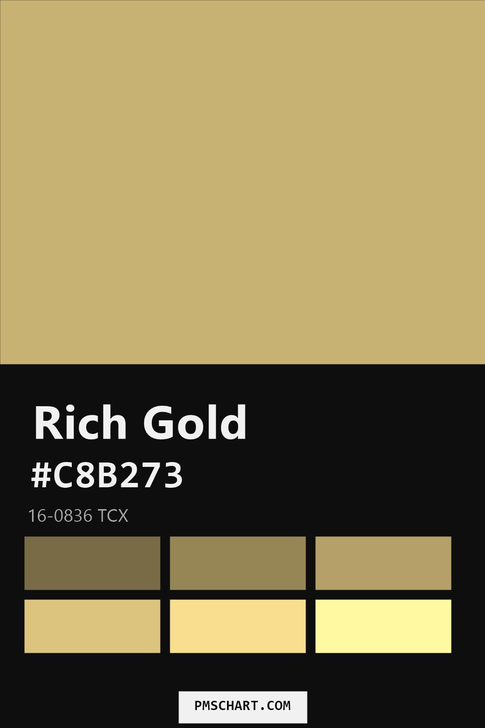 Pantone Rich Gold 16-0836 TCX color reference card (HEX #C8B273) with six nearest Pantone matches