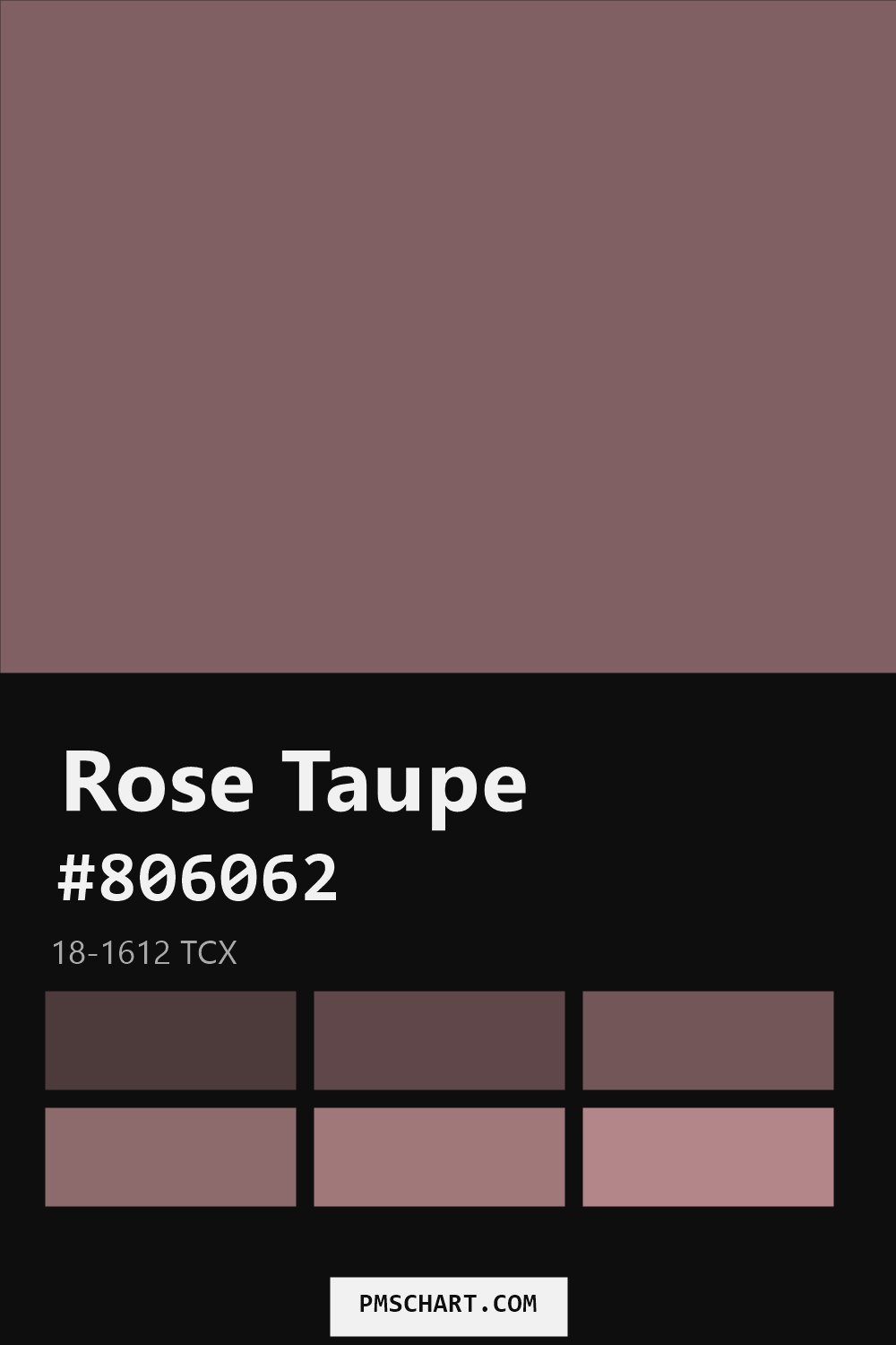 Pantone Rose Taupe 18-1612 TCX color reference card (HEX #806062) with six nearest Pantone matches