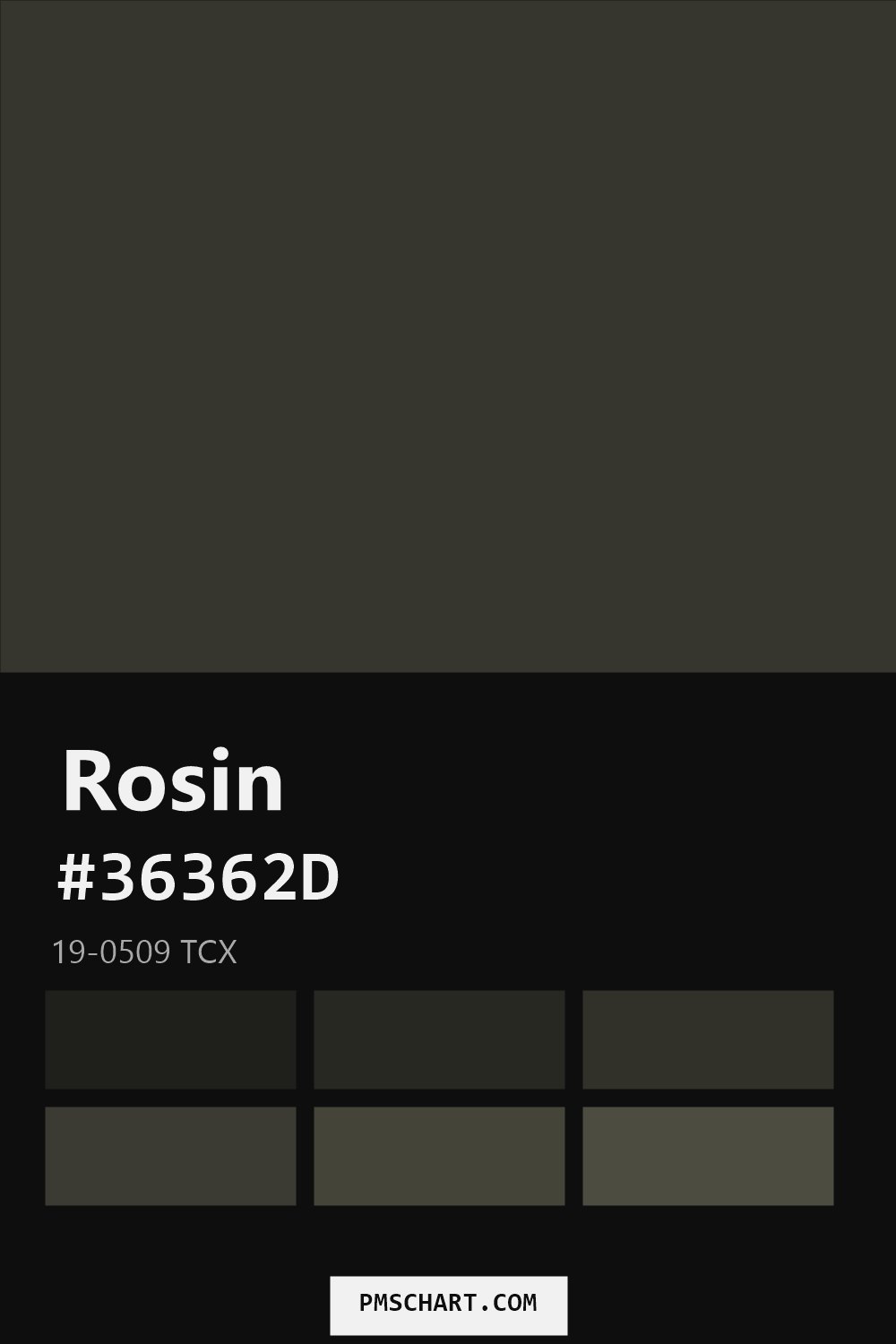 Pantone Rosin 19-0509 TCX color reference card (HEX #36362D) with six nearest Pantone matches