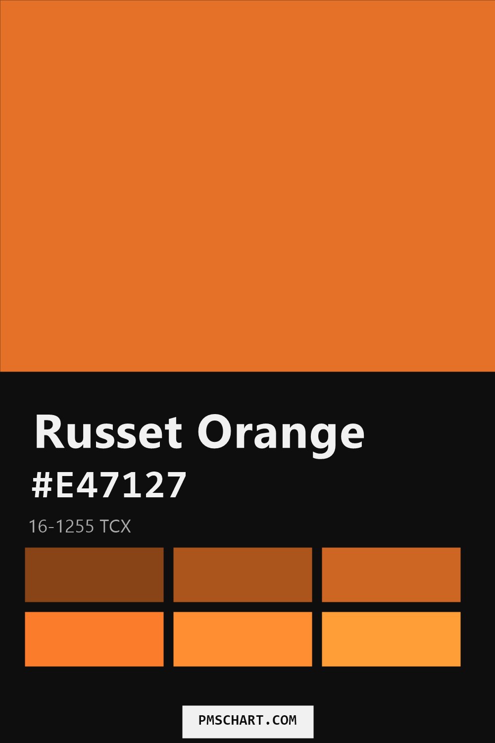 Pantone Russet Orange 16-1255 TCX color reference card (HEX #E47127) with six nearest Pantone matches