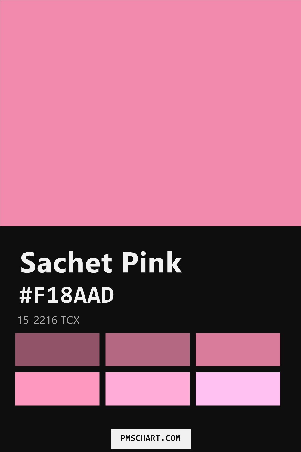 Pantone Sachet Pink 15-2216 TCX color reference card (HEX #F18AAD) with six nearest Pantone matches