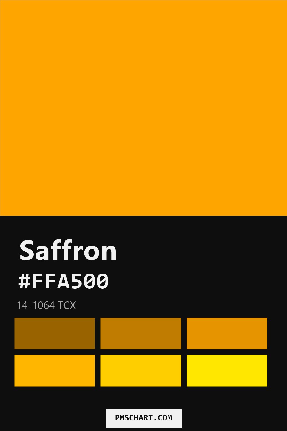 Pantone Saffron 14-1064 TCX color reference card (HEX #FFA500) with six nearest Pantone matches