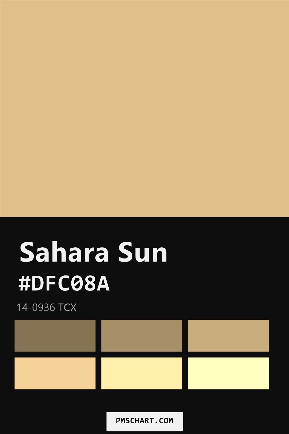 Pantone Sahara Sun 14-0936 TCX color reference card (HEX #DFC08A) with six nearest Pantone matches