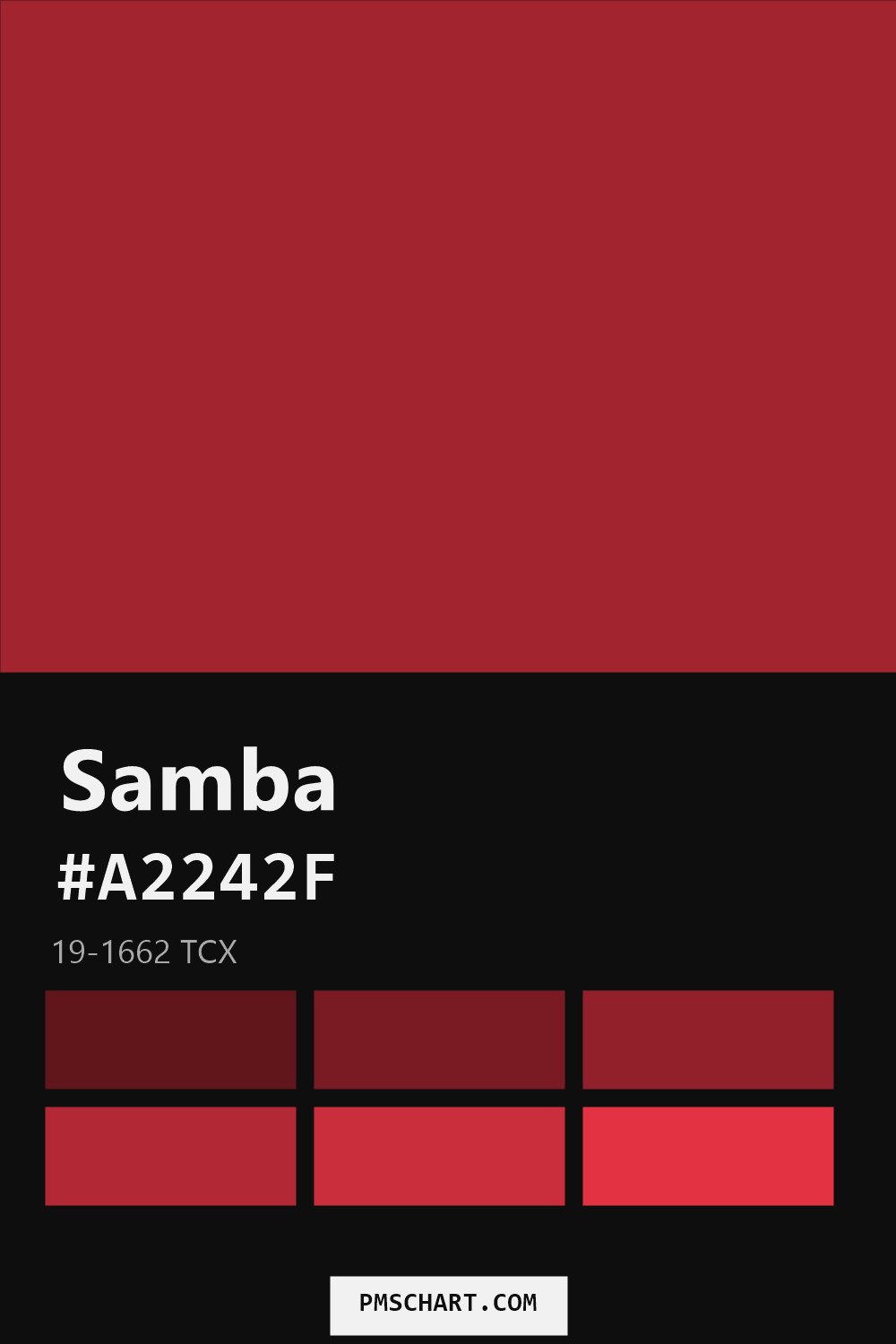 Pantone Samba 19-1662 TCX color reference card (HEX #A2242F) with six nearest Pantone matches