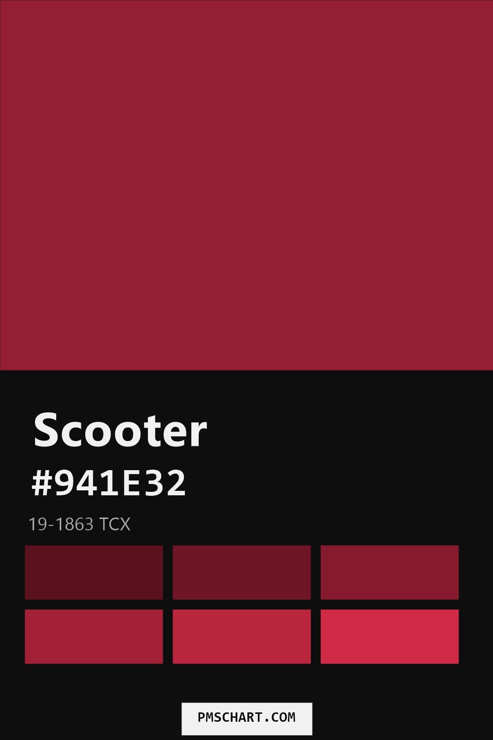 Pantone Scooter 19-1863 TCX color reference card (HEX #941E32) with six nearest Pantone matches