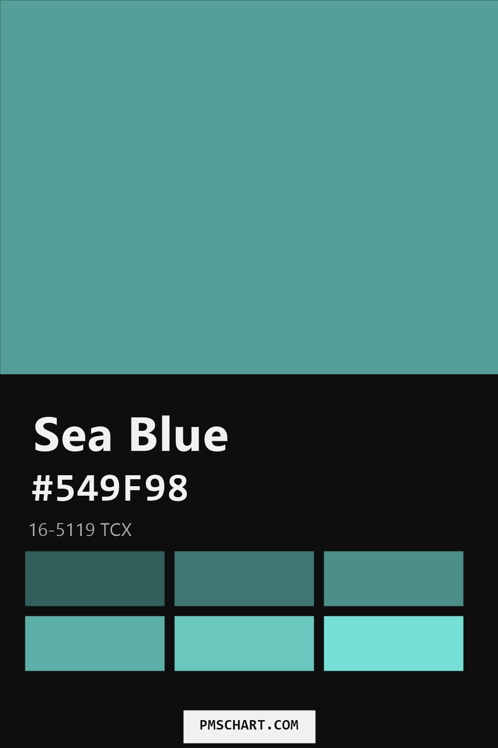 Pantone Sea Blue 16-5119 TCX color reference card (HEX #549F98) with six nearest Pantone matches