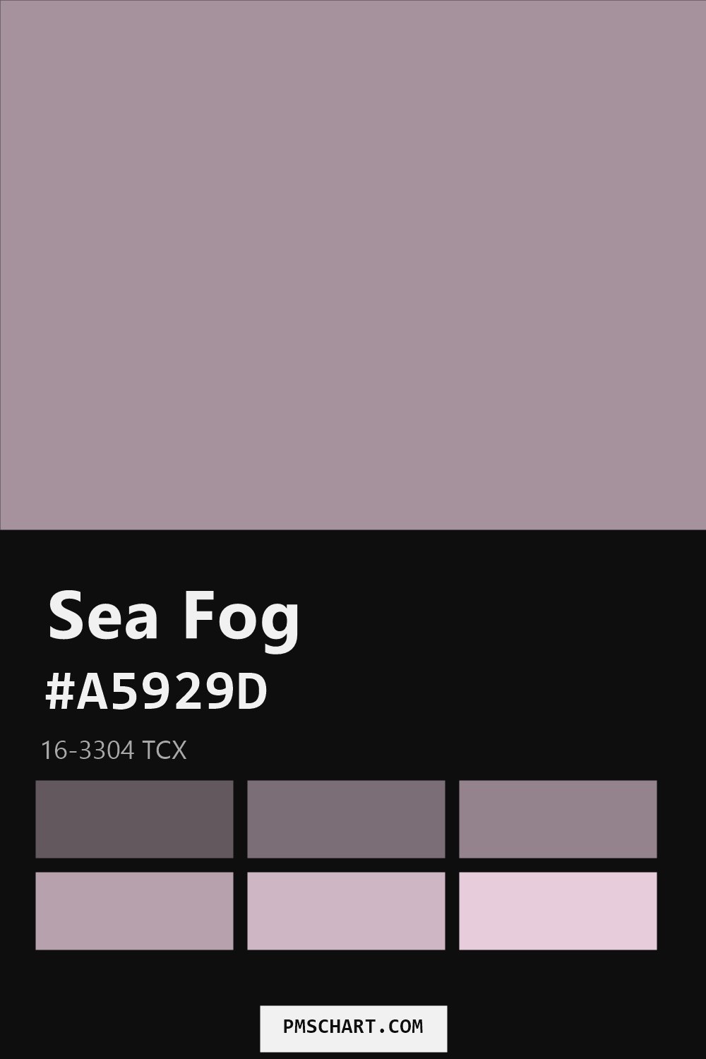 Pantone Sea Fog 16-3304 TCX color reference card (HEX #A5929D) with six nearest Pantone matches