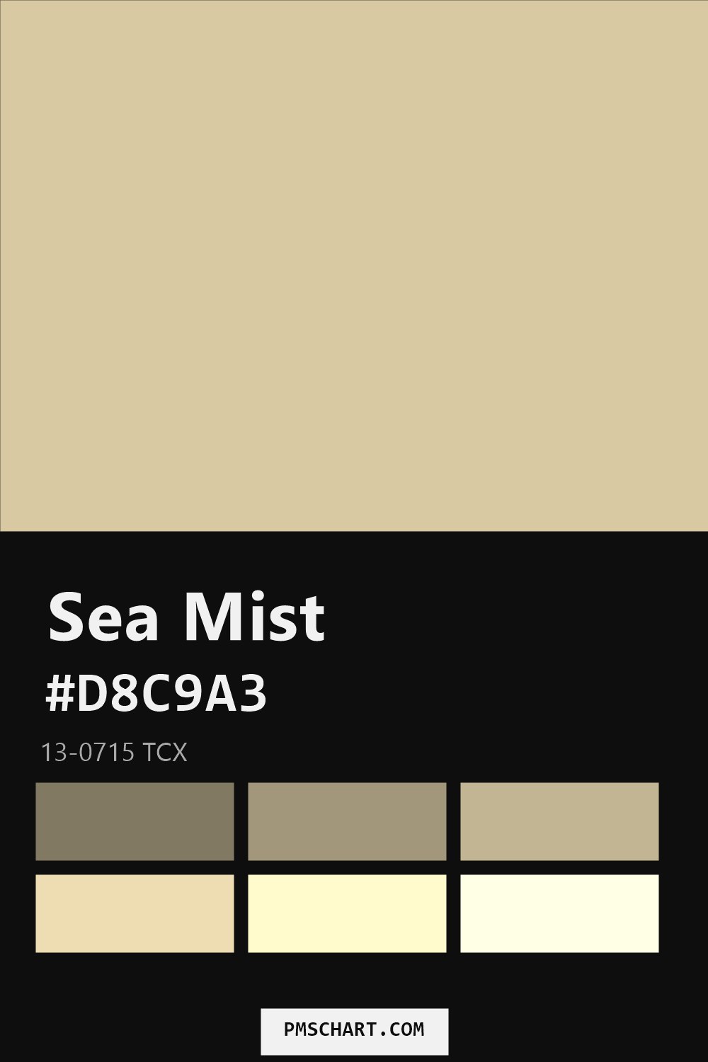 Pantone Sea Mist 13-0715 TCX color reference card (HEX #D8C9A3) with six nearest Pantone matches