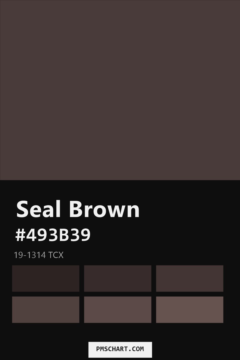 Pantone Seal Brown 19-1314 TCX color reference card (HEX #493B39) with six nearest Pantone matches