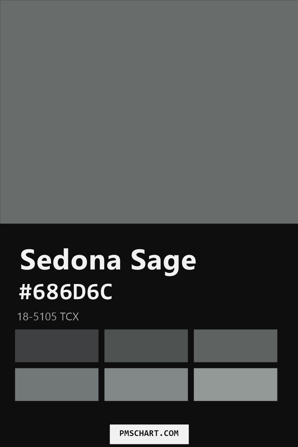 Pantone Sedona Sage 18-5105 TCX color reference card (HEX #686D6C) with six nearest Pantone matches