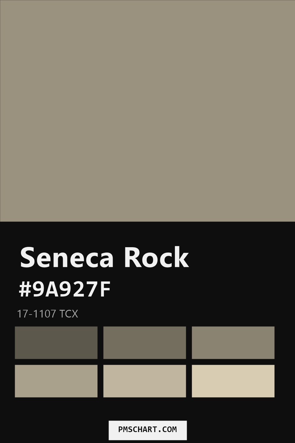 Pantone Seneca Rock 17-1107 TCX color reference card (HEX #9A927F) with six nearest Pantone matches