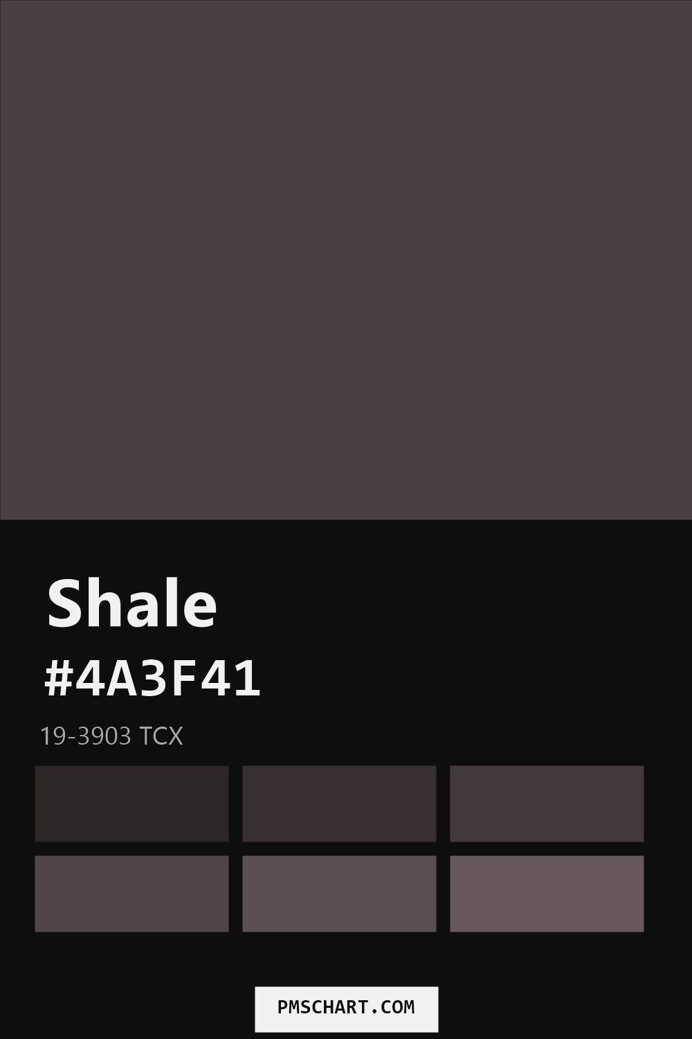 Pantone Shale 19-3903 TCX color reference card (HEX #4A3F41) with six nearest Pantone matches