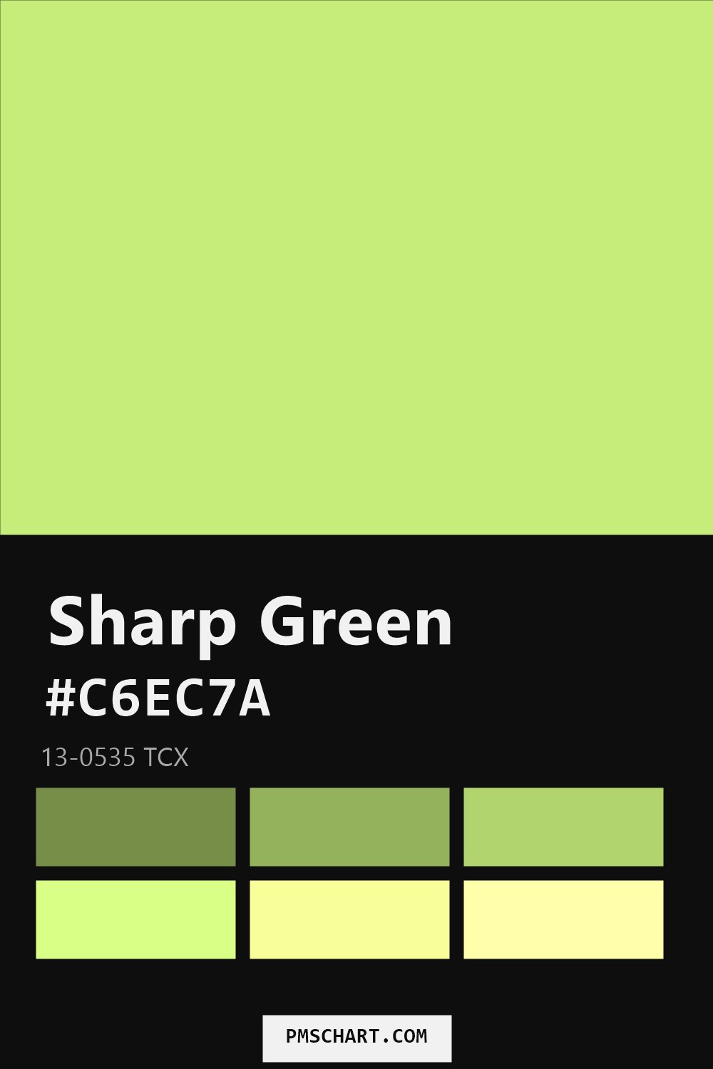 Pantone Sharp Green 13-0535 TCX color reference card (HEX #C6EC7A) with six nearest Pantone matches