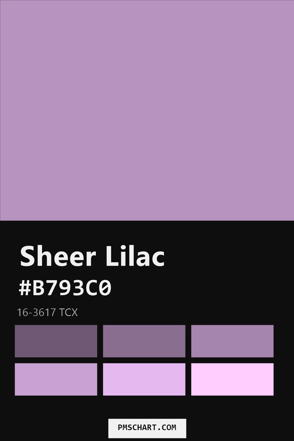 Pantone Sheer Lilac 16-3617 TCX color reference card (HEX #B793C0) with six nearest Pantone matches
