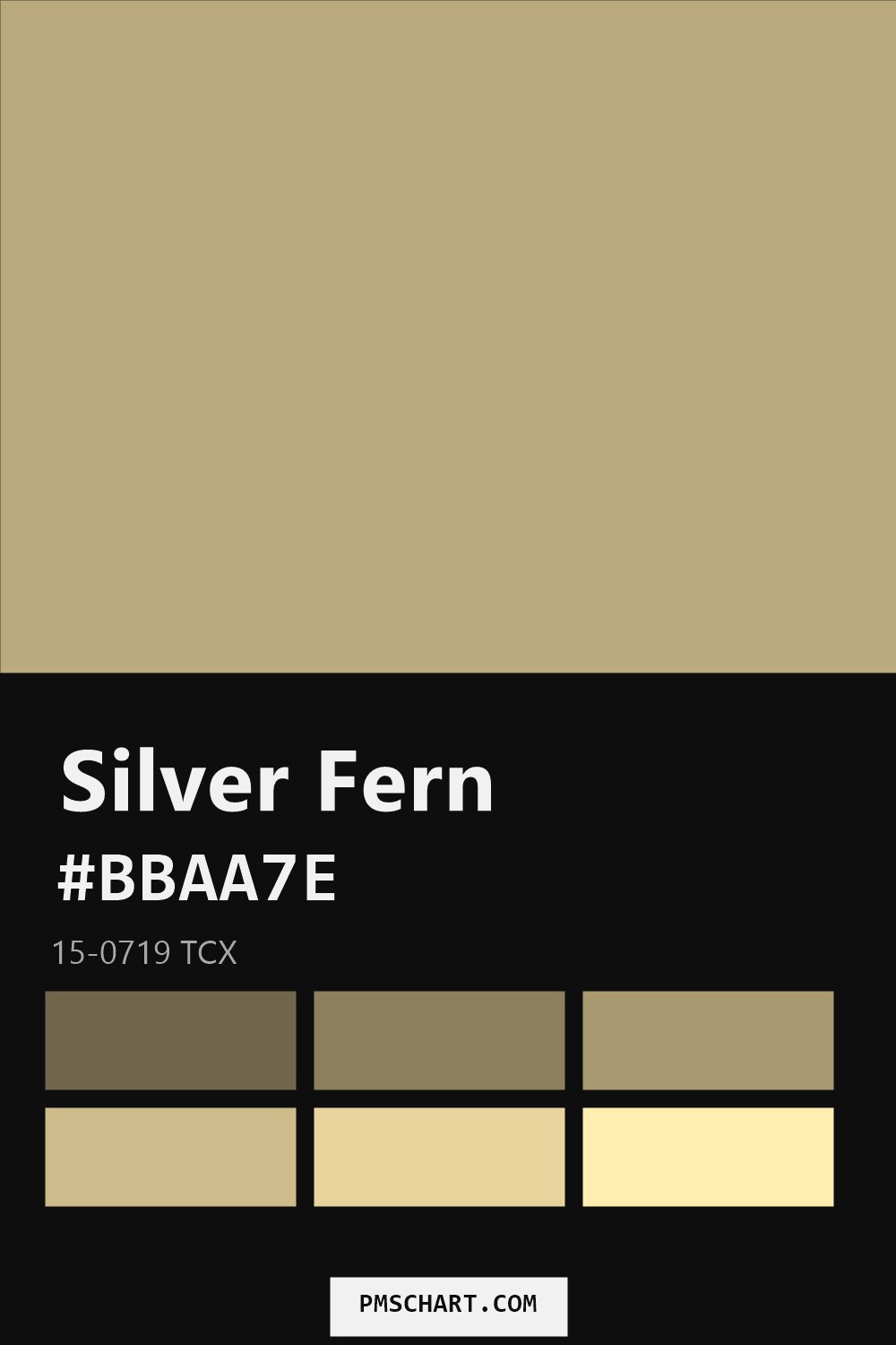Pantone Silver Fern 15-0719 TCX color reference card (HEX #BBAA7E) with six nearest Pantone matches