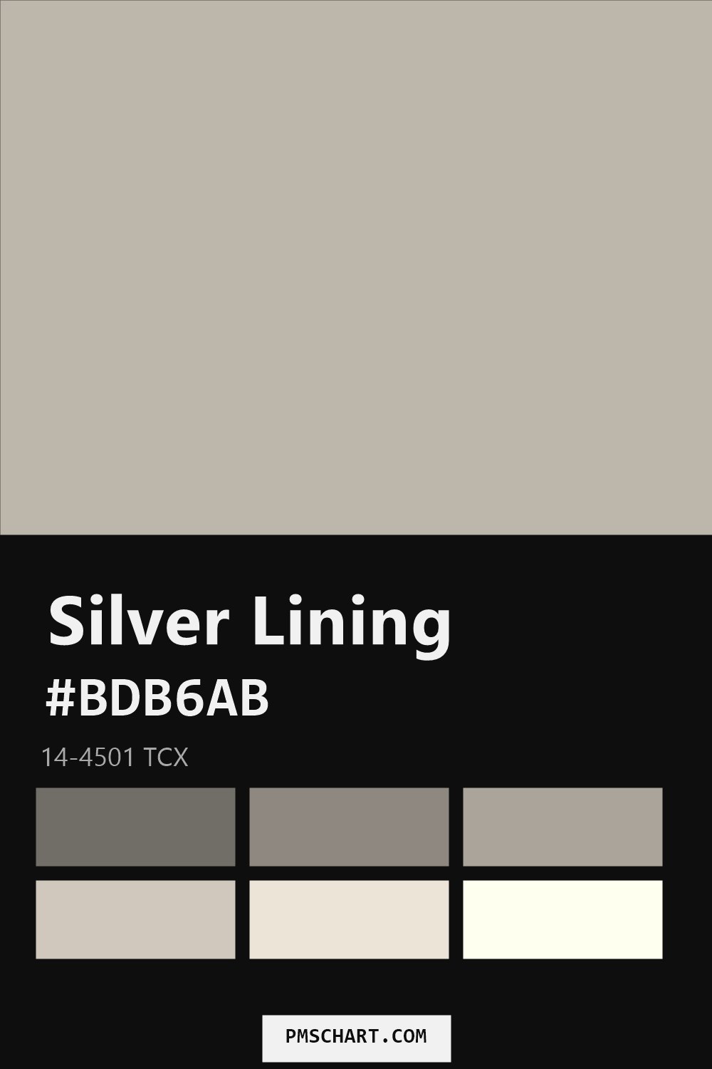 Pantone Silver Lining 14-4501 TCX color reference card (HEX #BDB6AB) with six nearest Pantone matches