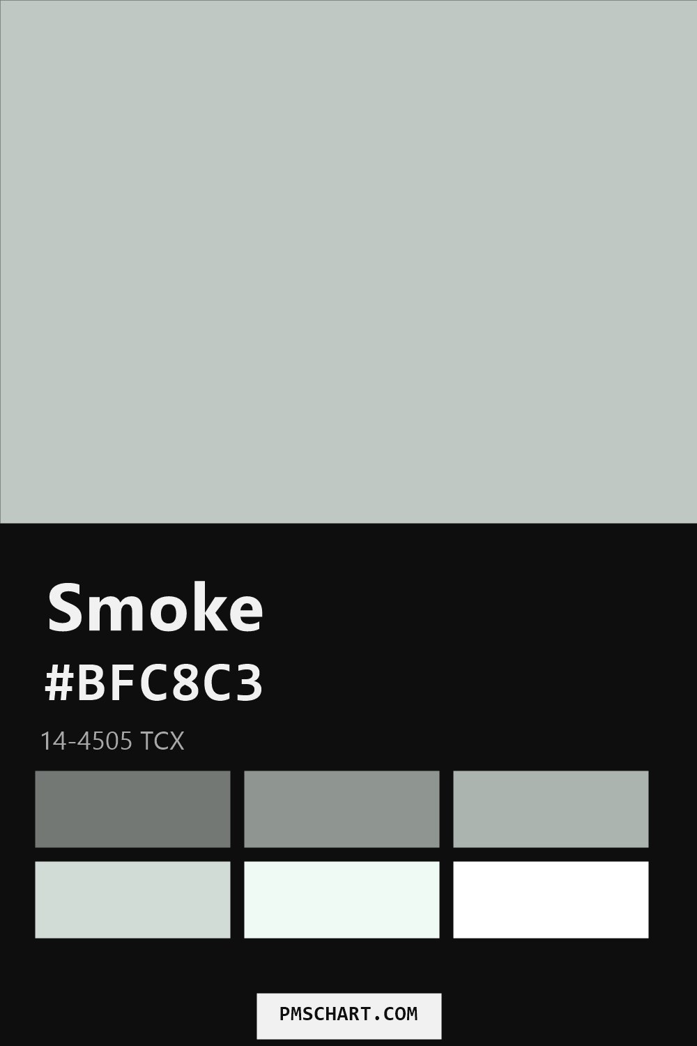 Pantone Smoke 14-4505 TCX color reference card (HEX #BFC8C3) with six nearest Pantone matches