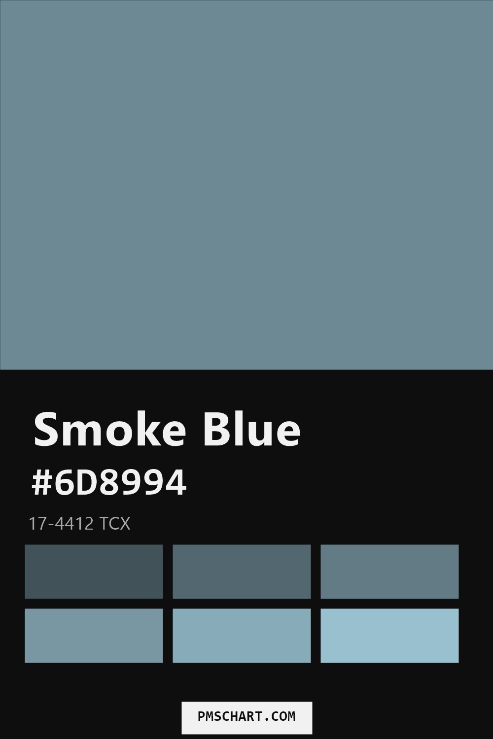 Pantone Smoke Blue 17-4412 TCX color reference card (HEX #6D8994) with six nearest Pantone matches