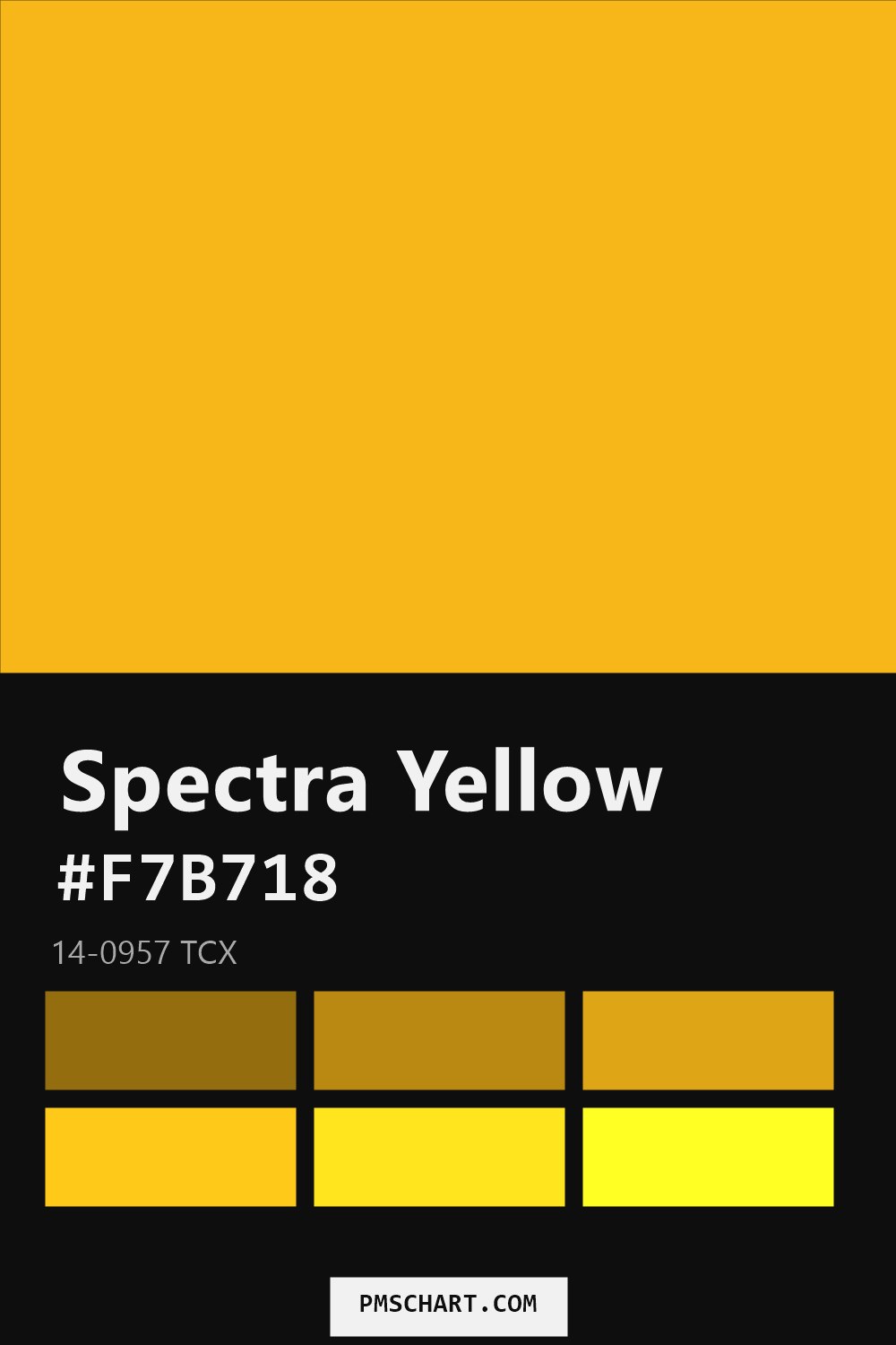 Pantone Spectra Yellow 14-0957 TCX color reference card (HEX #F7B718) with six nearest Pantone matches