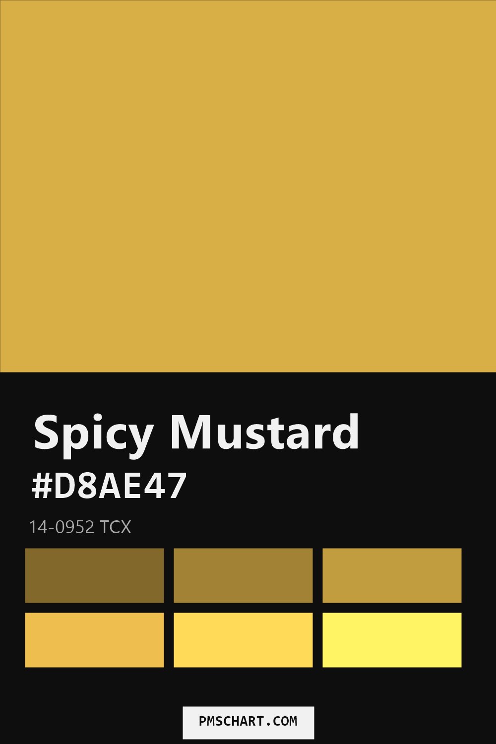 Pantone Spicy Mustard 14-0952 TCX color reference card (HEX #D8AE47) with six nearest Pantone matches