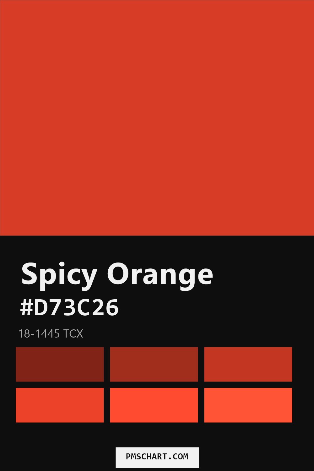 Pantone Spicy Orange 18-1445 TCX color reference card (HEX #D73C26) with six nearest Pantone matches