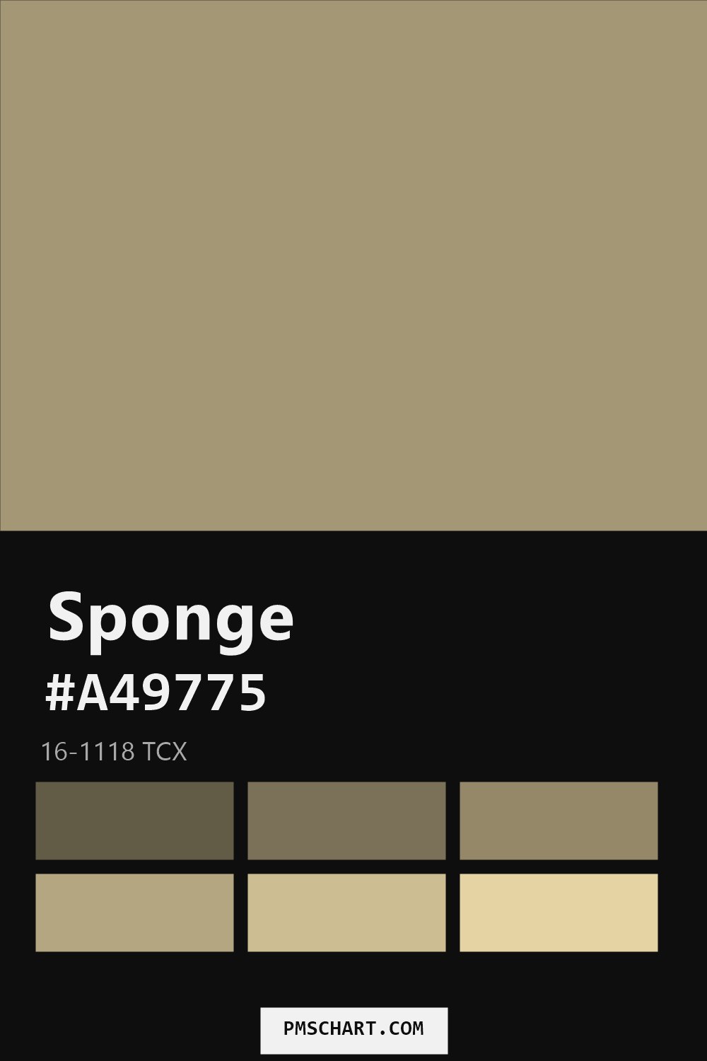 Pantone Sponge 16-1118 TCX color reference card (HEX #A49775) with six nearest Pantone matches