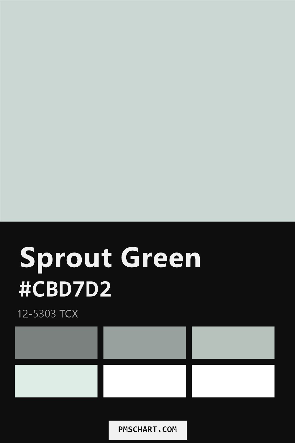 Pantone Sprout Green 12-5303 TCX color reference card (HEX #CBD7D2) with six nearest Pantone matches