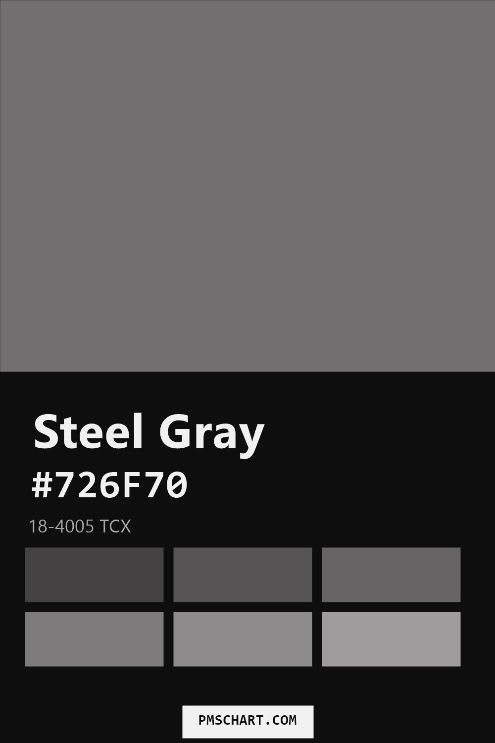 Pantone Steel Gray 18-4005 TCX color reference card (HEX #726F70) with six nearest Pantone matches