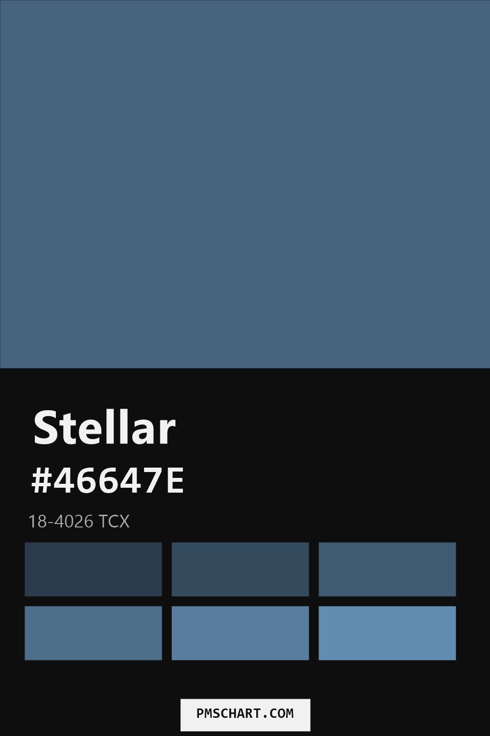 Pantone Stellar 18-4026 TCX color reference card (HEX #46647E) with six nearest Pantone matches