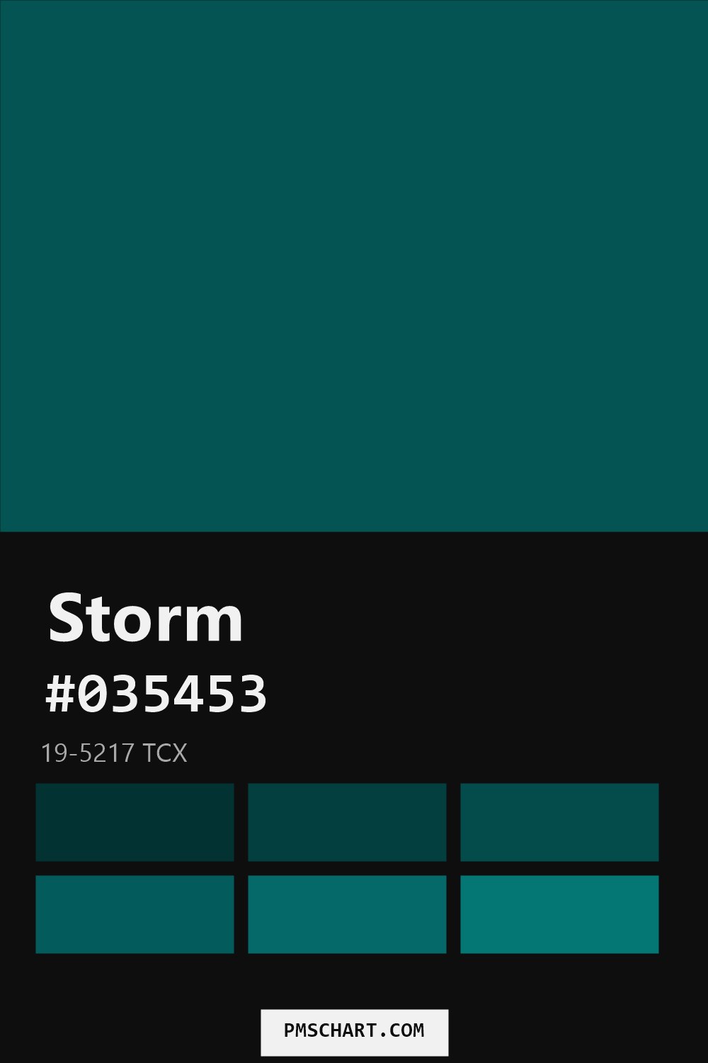 Pantone Storm 19-5217 TCX color reference card (HEX #035453) with six nearest Pantone matches