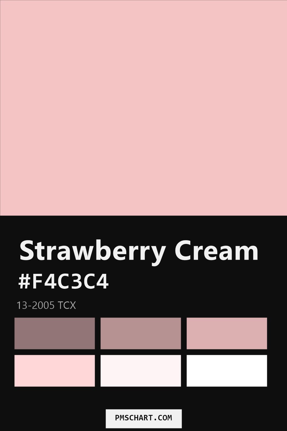 Pantone Strawberry Cream 13-2005 TCX color reference card (HEX #F4C3C4) with six nearest Pantone matches