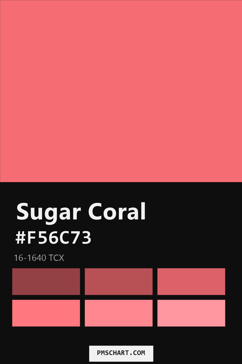 Pantone Sugar Coral 16-1640 TCX color reference card (HEX #F56C73) with six nearest Pantone matches