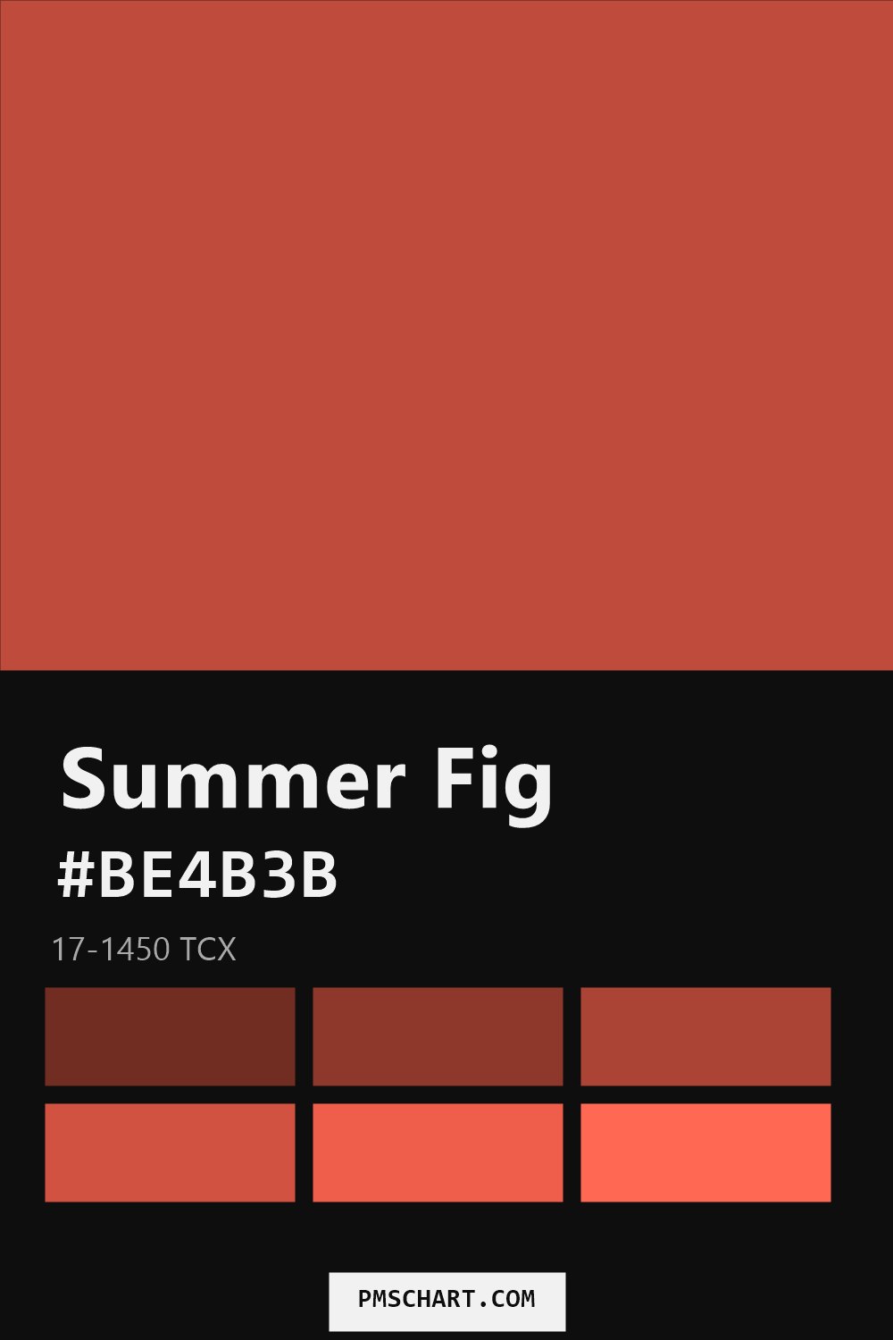 Pantone Summer Fig 17-1450 TCX color reference card (HEX #BE4B3B) with six nearest Pantone matches