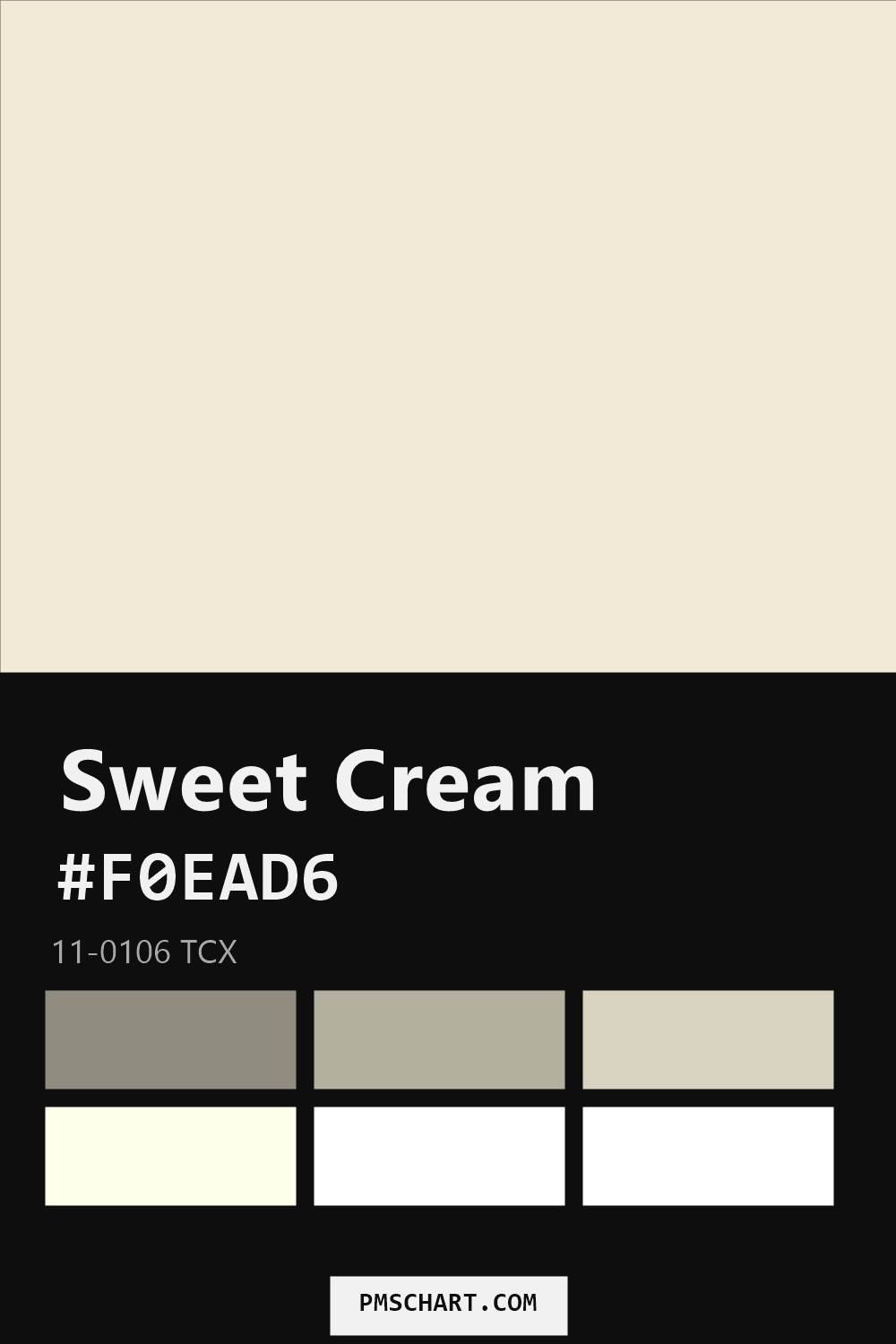 Pantone Sweet Cream 11-0106 TCX color reference card (HEX #F0EAD6) with six nearest Pantone matches