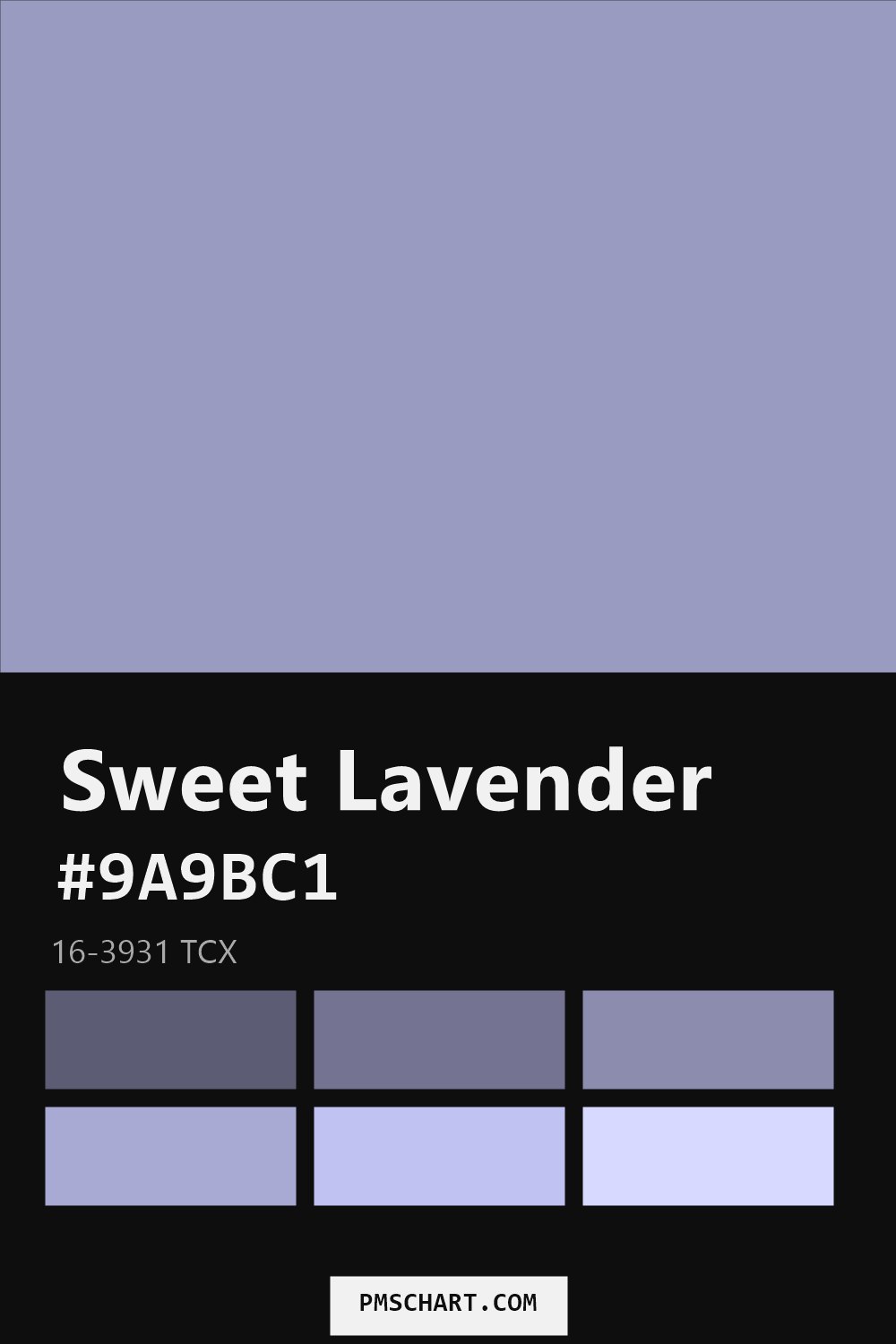 Pantone Sweet Lavender 16-3931 TCX color reference card (HEX #9A9BC1) with six nearest Pantone matches