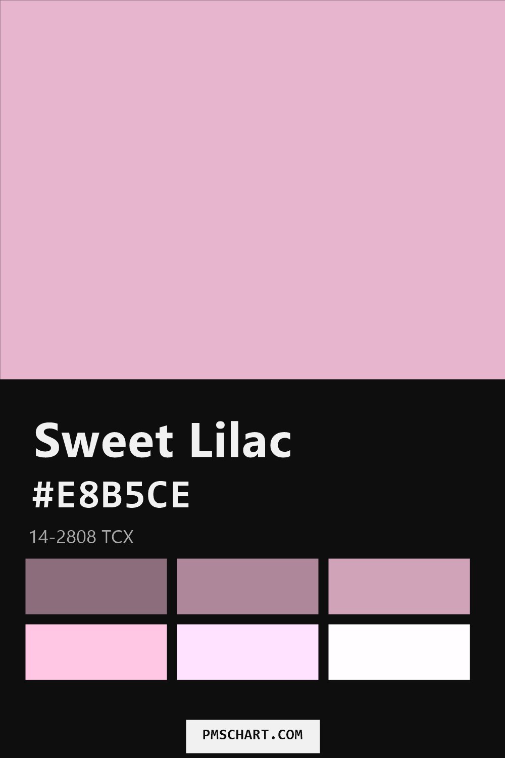 Pantone Sweet Lilac 14-2808 TCX color reference card (HEX #E8B5CE) with six nearest Pantone matches