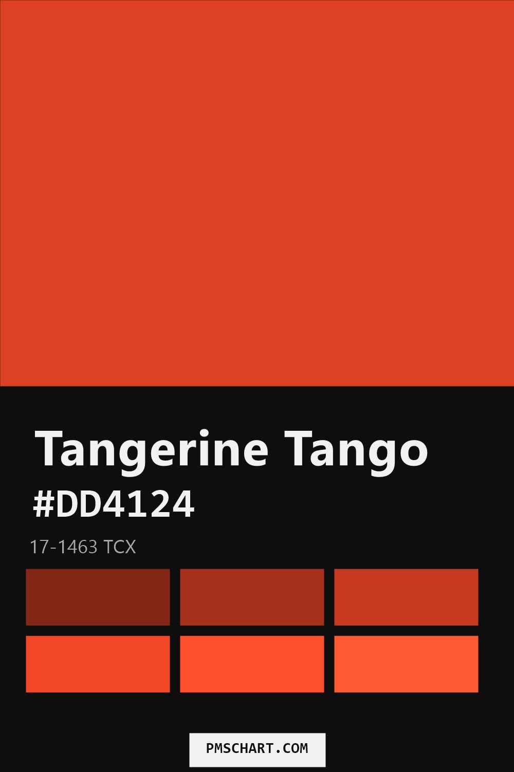 Pantone Tangerine Tango 17-1463 TCX color reference card (HEX #DD4124) with six nearest Pantone matches