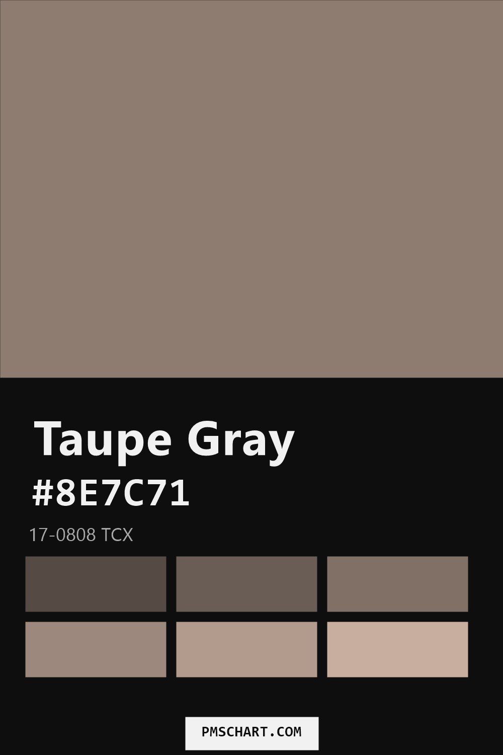 Pantone Taupe Gray 17-0808 TCX color reference card (HEX #8E7C71) with six nearest Pantone matches