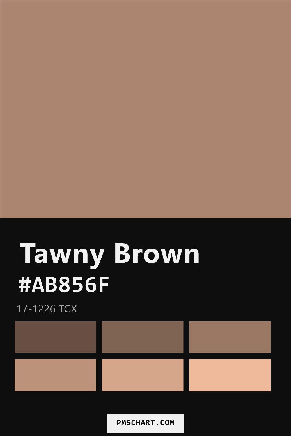 Pantone Tawny Brown 17-1226 TCX color reference card (HEX #AB856F) with six nearest Pantone matches