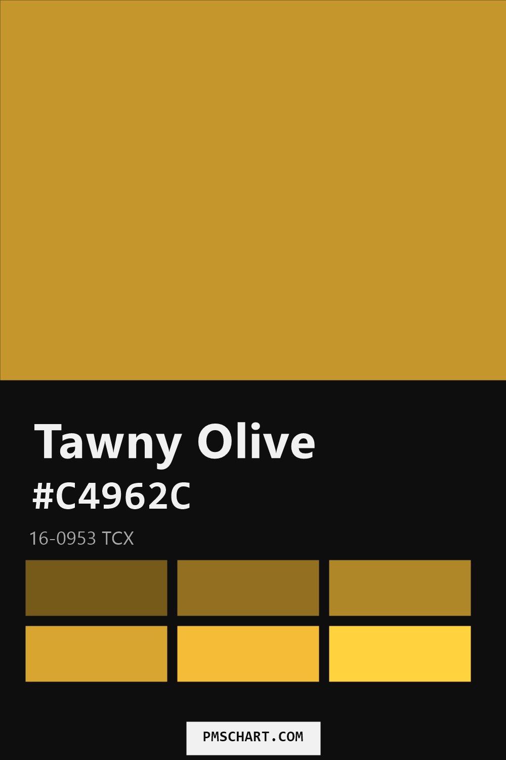 Pantone Tawny Olive 16-0953 TCX color reference card (HEX #C4962C) with six nearest Pantone matches