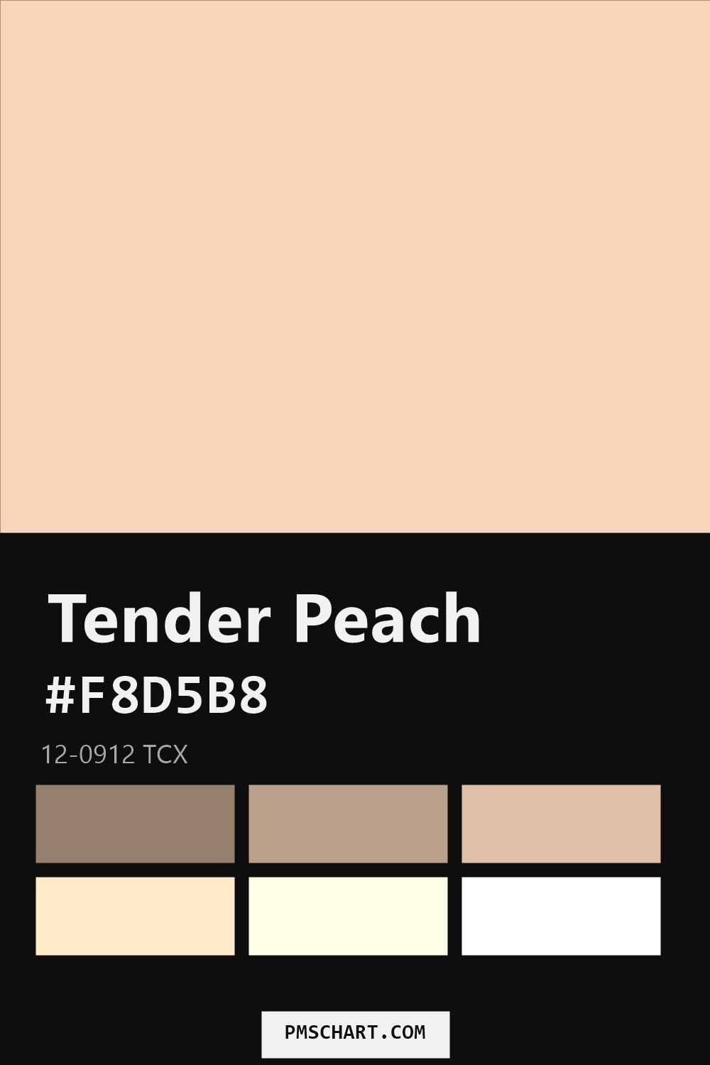 Pantone Tender Peach 12-0912 TCX color reference card (HEX #F8D5B8) with six nearest Pantone matches