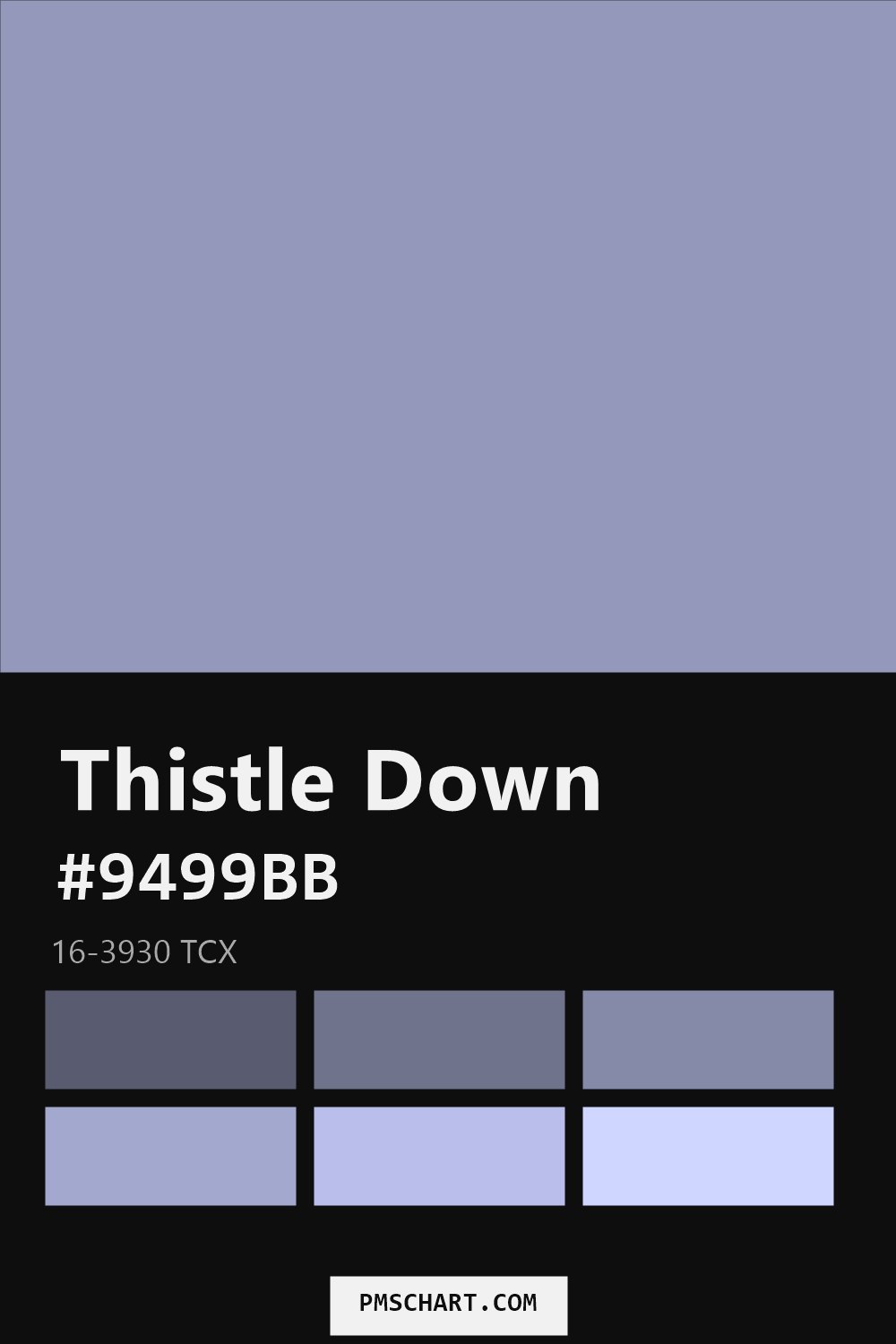 Pantone Thistle Down 16-3930 TCX color reference card (HEX #9499BB) with six nearest Pantone matches