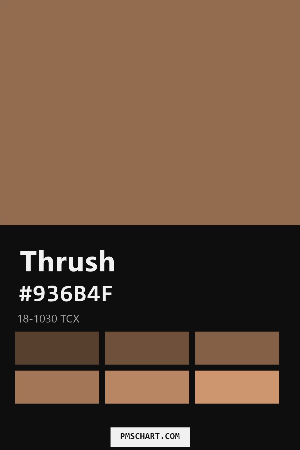 Pantone Thrush 18-1030 TCX color reference card (HEX #936B4F) with six nearest Pantone matches