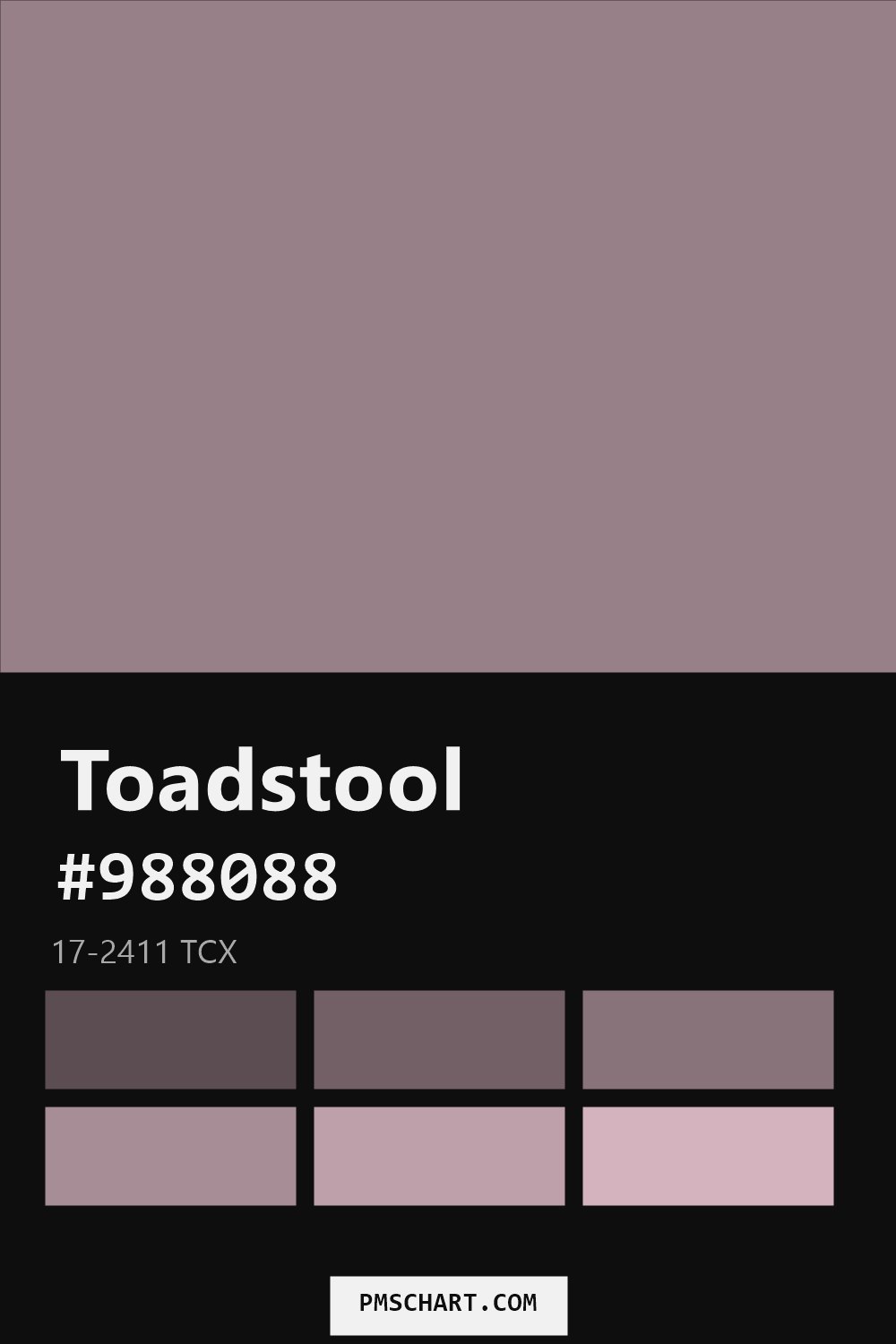 Pantone Toadstool 17-2411 TCX color reference card (HEX #988088) with six nearest Pantone matches