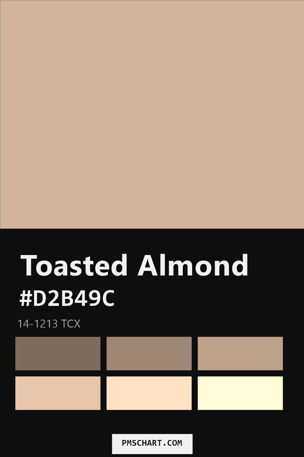 Pantone Toasted Almond 14-1213 TCX color reference card (HEX #D2B49C) with six nearest Pantone matches