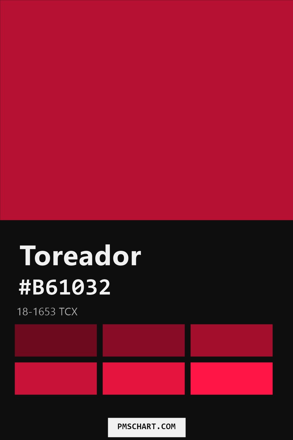 Pantone Toreador 18-1653 TCX color reference card (HEX #B61032) with six nearest Pantone matches