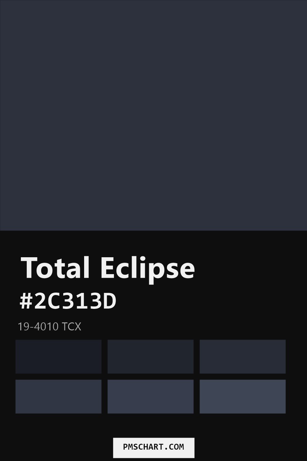 Pantone Total Eclipse 19-4010 TCX color reference card (HEX #2C313D) with six nearest Pantone matches