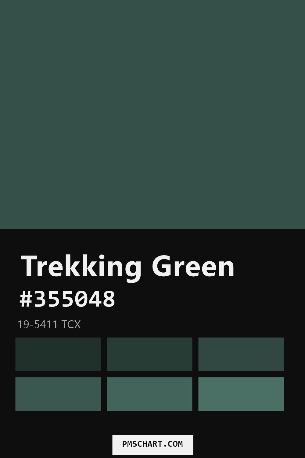 Pantone Trekking Green 19-5411 TCX color reference card (HEX #355048) with six nearest Pantone matches